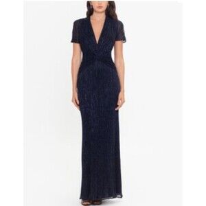 Xscape Metallic Navy Maxi Flutter Sleeve V-Neck -8